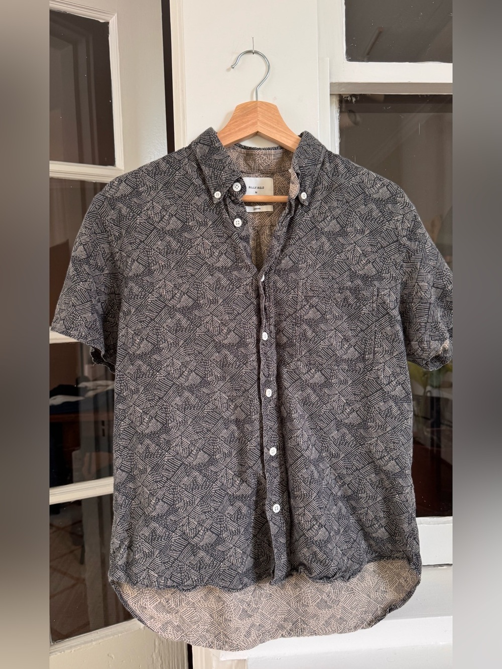 Billy Reid Short Sleeve Shirt M Standard Fit Charcoal Hatch Print Cotton Italy